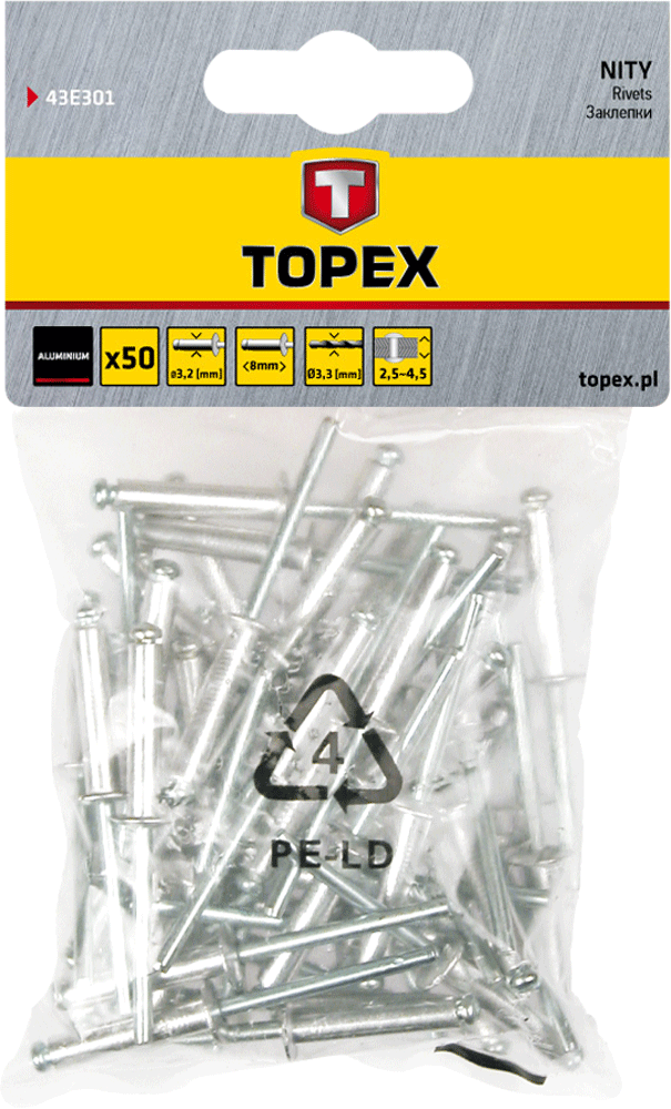 Заклепки алюминиевые 4.8 мм x 12,5 мм TOPEX 43E503